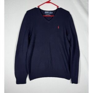 VTG Polo Ralph Lauren Lambs Wool V-Neck Sweater Mens Medium Navy Blue Pullover